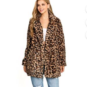 Love Tree Leopard Animal Print Faux Fur Swing Coat Open Front Small Cozy Fuzzy
